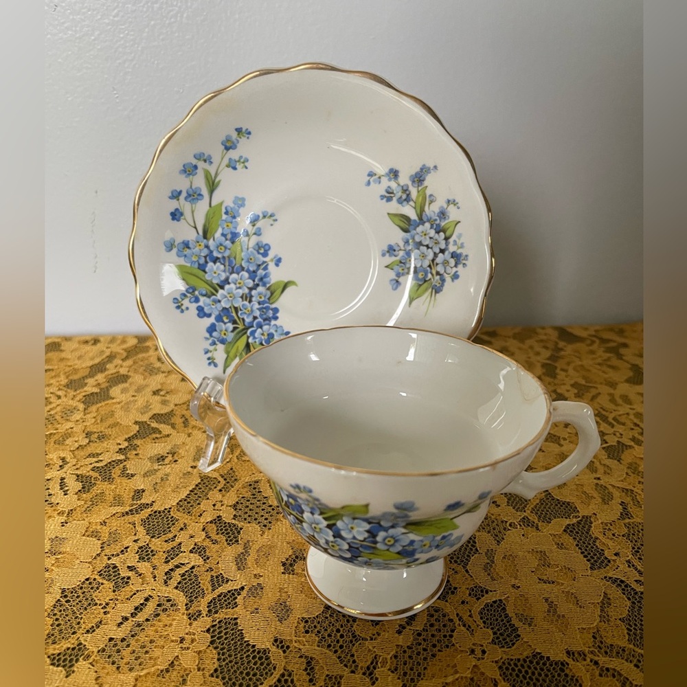 Vintage Rosina Bone China Floral Blue and White Tea Cup and Saucer Set